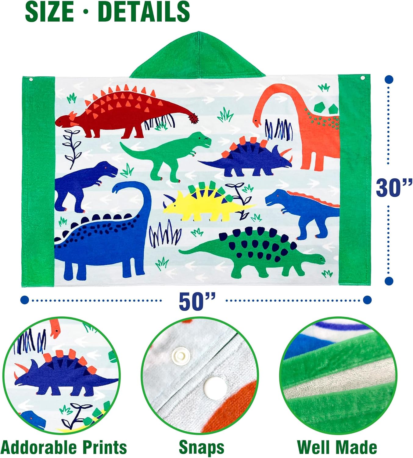 Kids Hooded Bath Towel-Soft Thick 100% Cotton Hooded Beach Towel for Kids 3-10 Years,Absorbent Fast-Drying Cute Toddler Bath & Swim Towel,for Boys & Girls 30"x50"(Dino Green)
