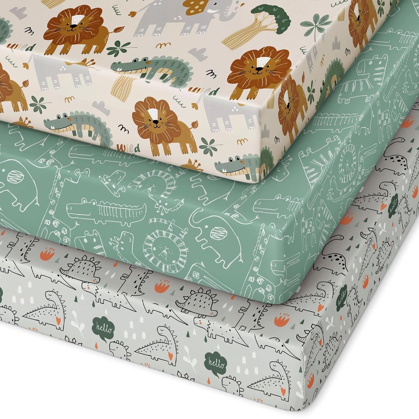 Pack and Play Sheets Fitted 3 Pack, Mini Crib Sheets for Pack N Play Mattress Stretchy Portable Playard Sheets, Soft Breathable Green & Apricot Lion