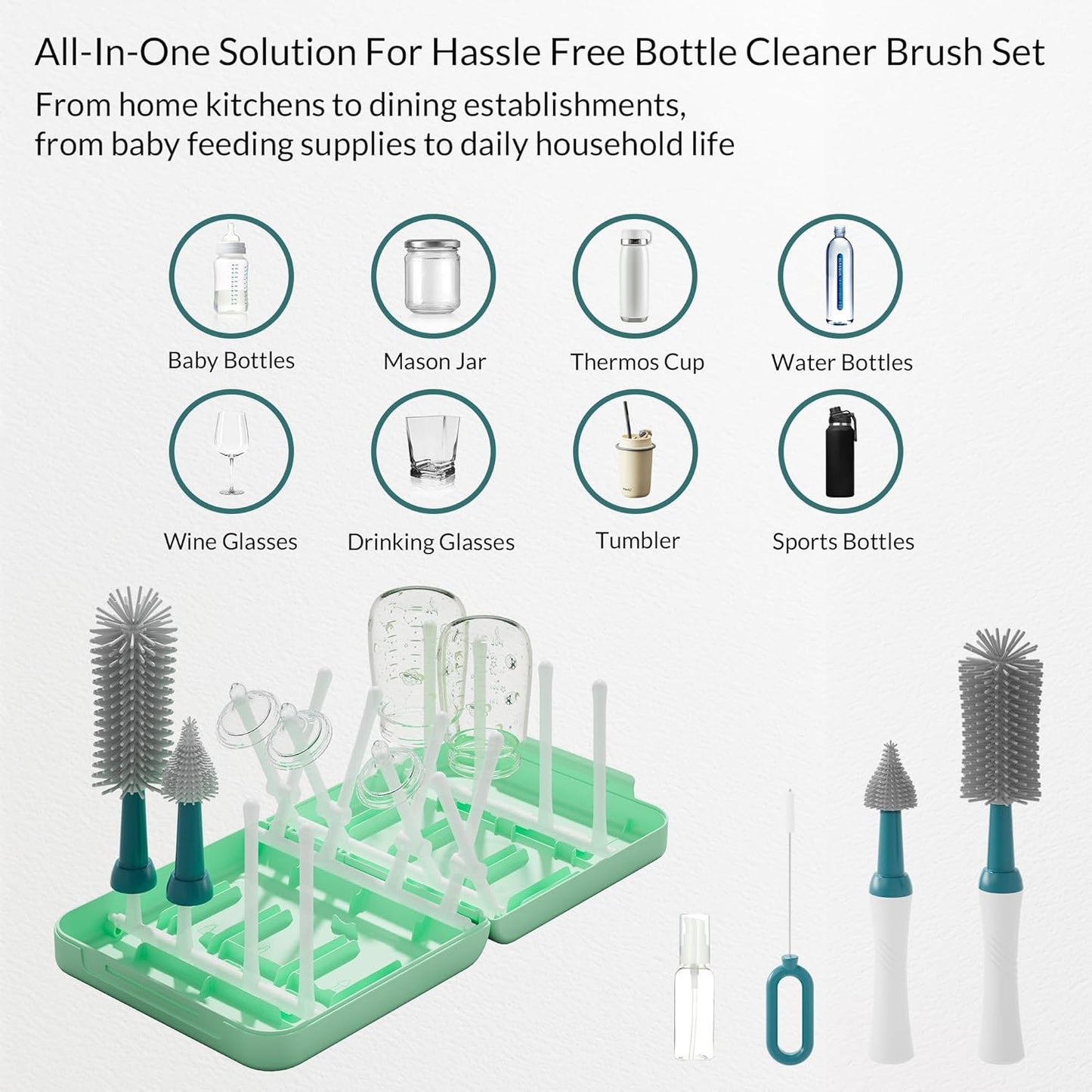 Portable Baby Bottle Brush Set with Multiple Brushes,Soap Dispenser, Foldable Bottle Drying Rack for 16 Bottles, Bottle Cleaner Brush Set for Bottles and Baby Accessories, Baby Travel Essential