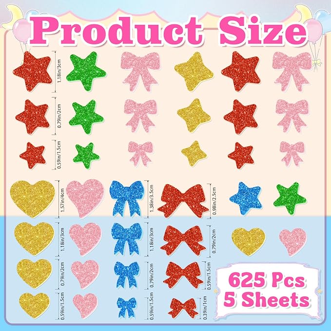 625Pcs Foam Stickers Glitter Colorful Star Heart Bow Shapes Stickers 5Sheets 3D