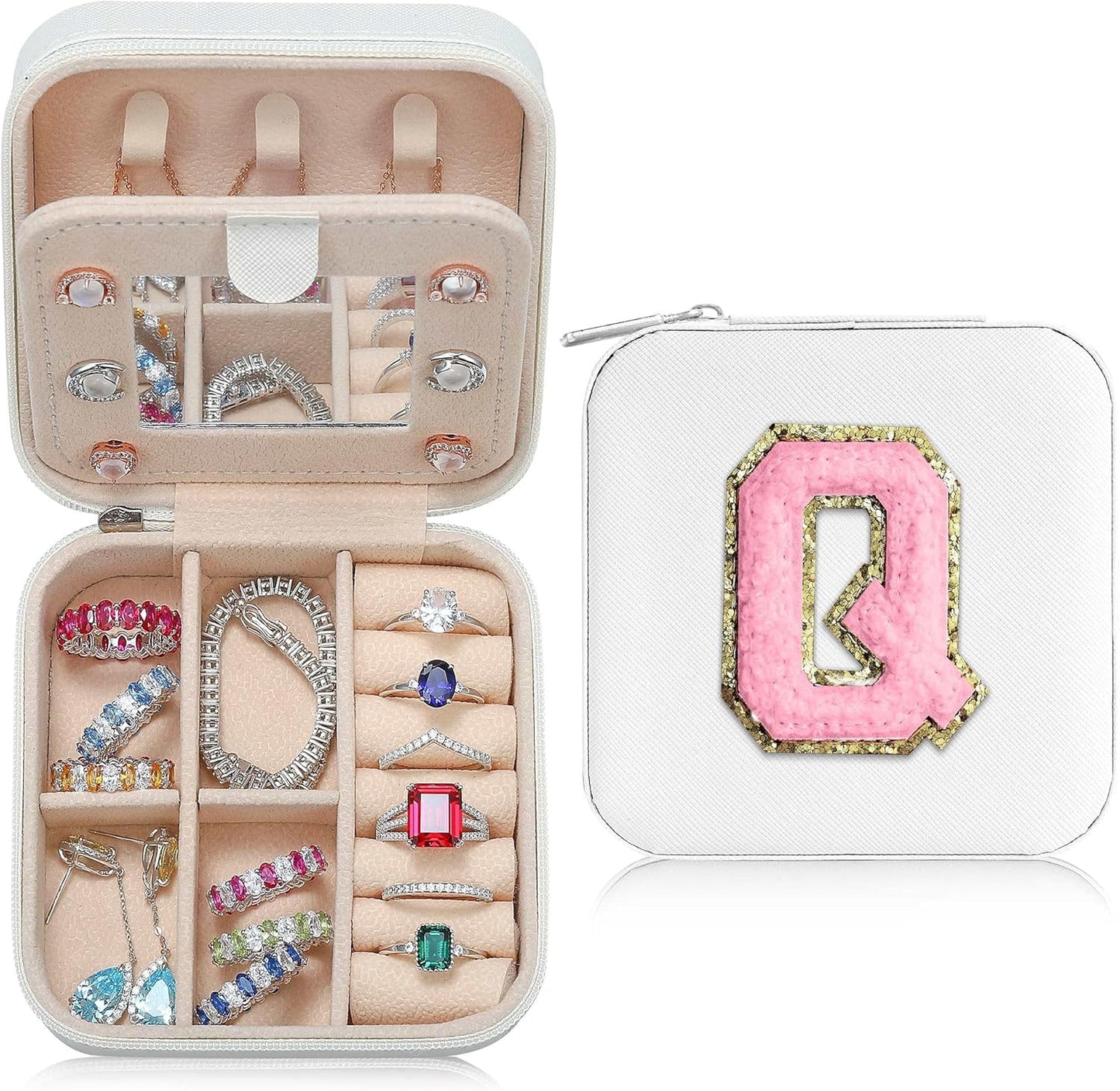 Parima Jewelry Organizer Box, Small Jewelry Box for Women Girls Initial Q Travel Jewelry Case Small Jewelry Organizer Box Travel Jewelry Case Jewelry Box Organizer - Letter Q, White