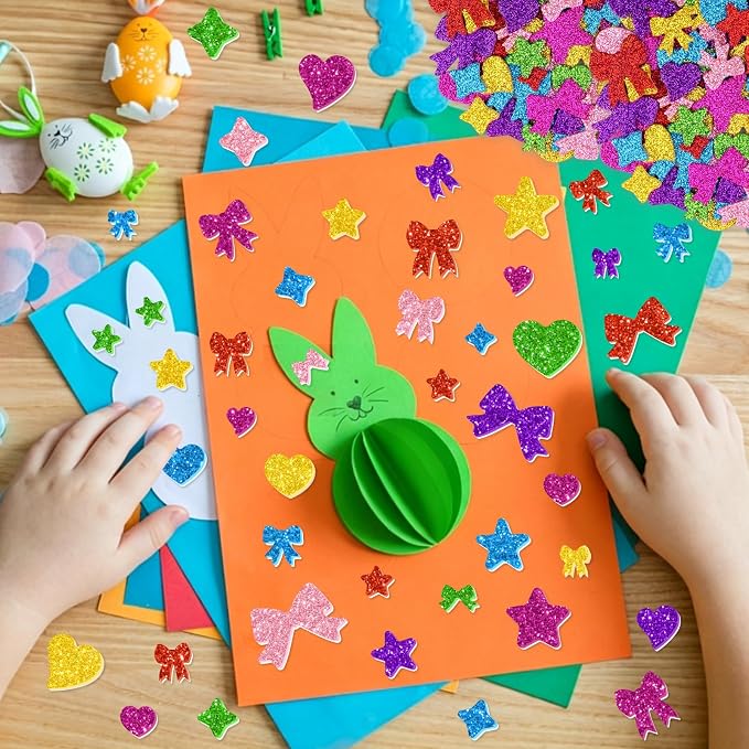 875PCS Glitter Foam Stickers, Colorful Heart & Star & Bow Stickers,