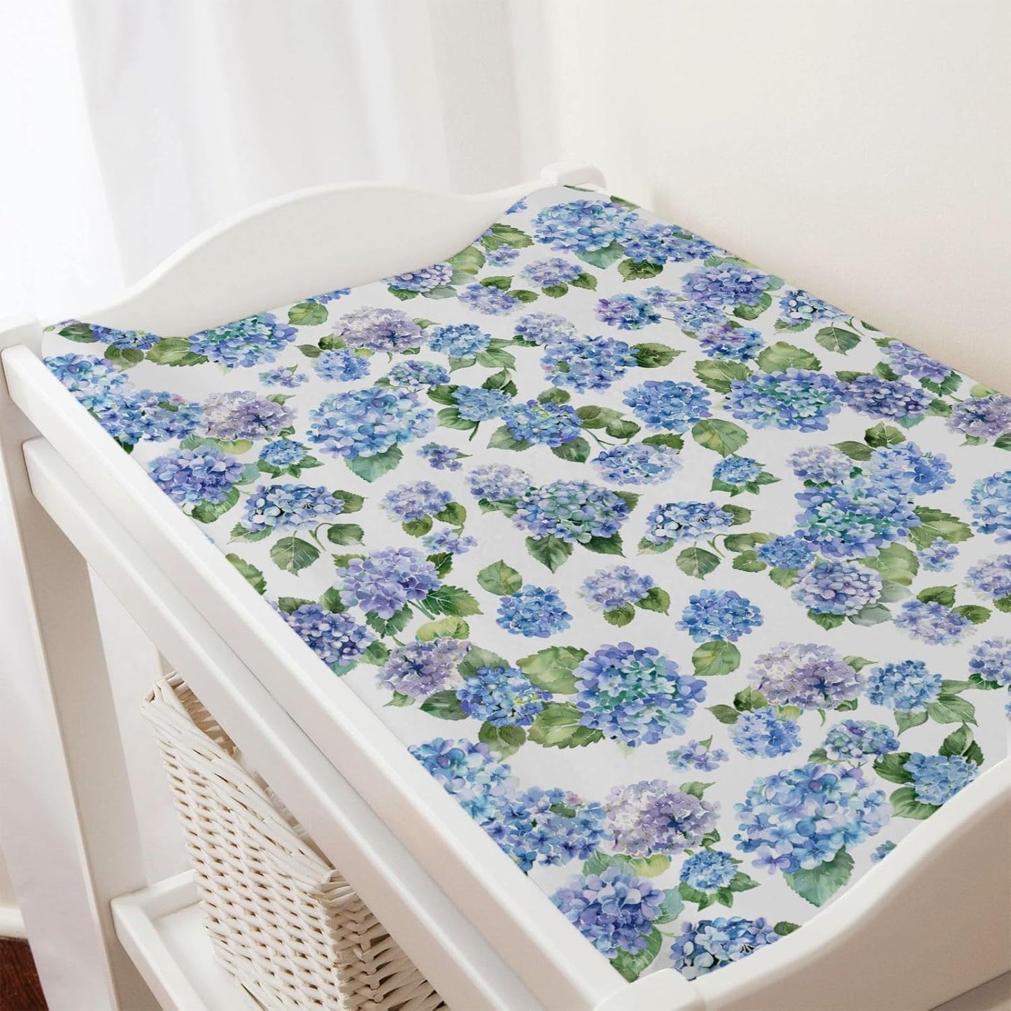 Blue Hydrangea Floral Changing Pad Covers Watercolor Flowers Painting Baby Changing Table Sheets for Boys Girls Wild Floral Soft Breathable Stretchy Fitted Diaper Change Table Pad Mats 32''x16''