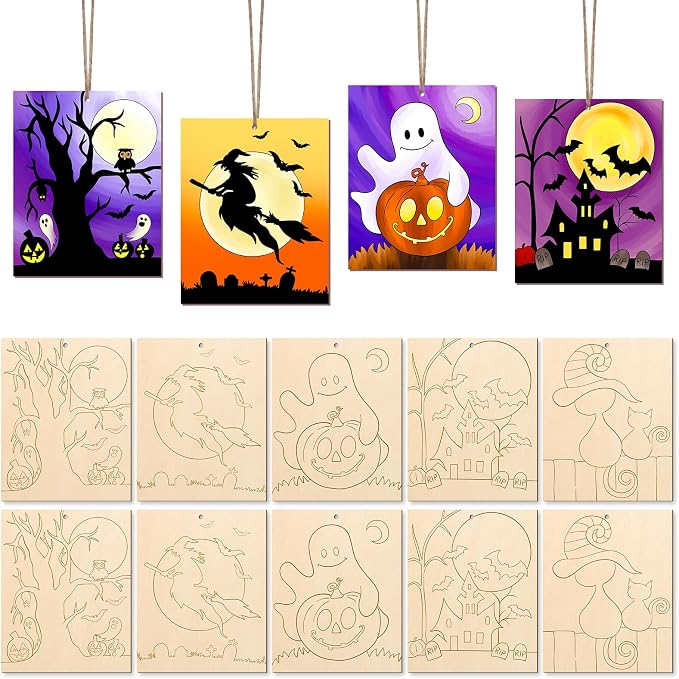 COCHIE 10PCS Large Halloween Unfinished Wood Crafts to Paint