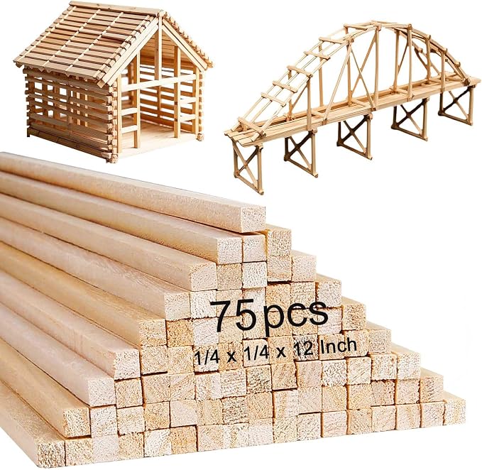 75 Pcs Balsa Wood Sticks 1/4 x 1/4 x 12 Inch balsa Wood Strips Hardwood Square