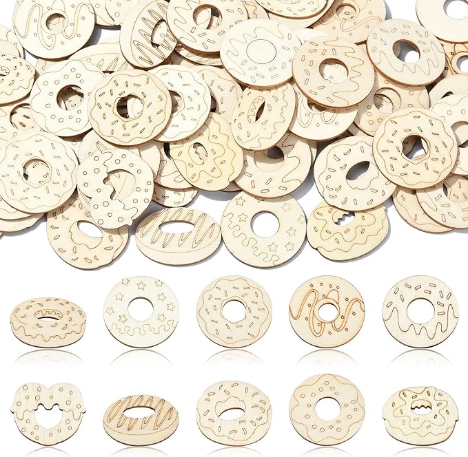 100 Pcs Unfinished Wood Cutouts Donut Wooden Shapes Dessert Wood Crafts