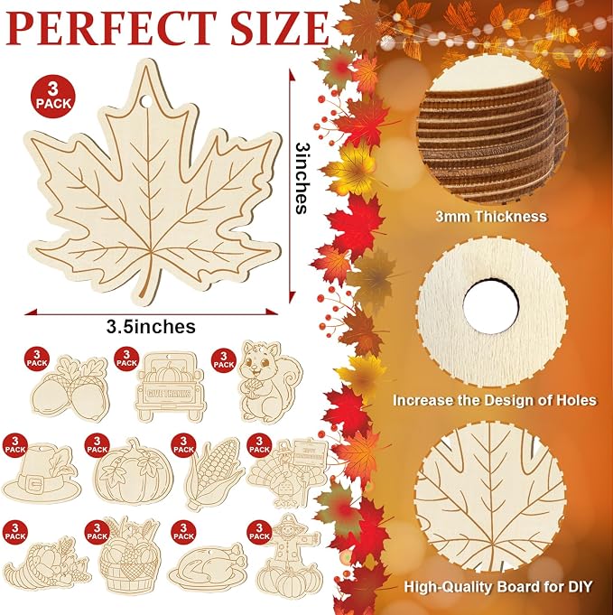 36PCS Wooden Thanksgiving Decoration Fall Ornaments to Paint Happy Thanksgiving