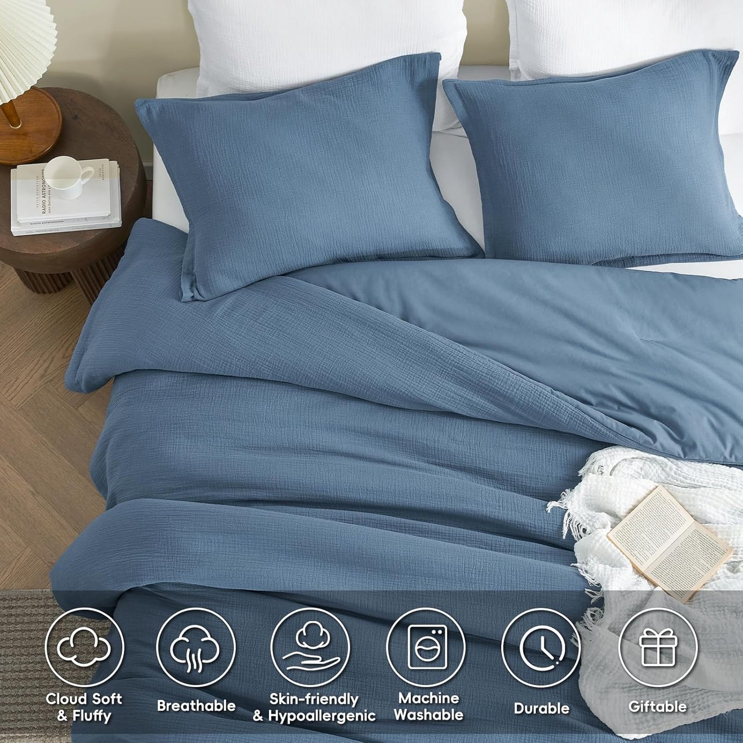 PHF 100% Cotton Muslin Comforter Set King Size – Ultra Soft, Breathable & Lightweight Bedding Set for All Seasons, 3 Pieces (1 Comfy Comforter 104"x90", 2 Pillow Shams 20"x36"), Captain's Blue