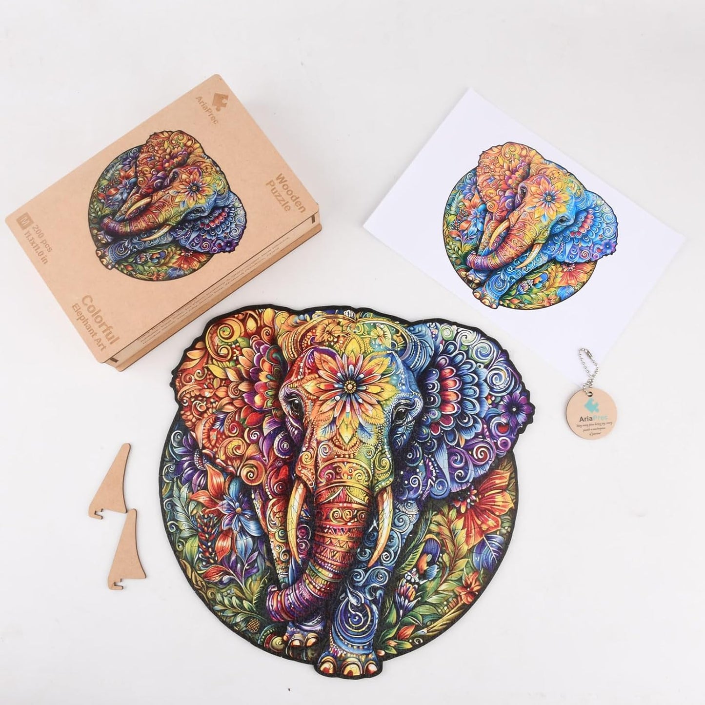 Wooden Jigsaw Puzzle for Adults - Mandala Elephant Unique Animal Shaped, 11.1x11in, 200 Pieces, Zen Art, Challenging and Fun Gift