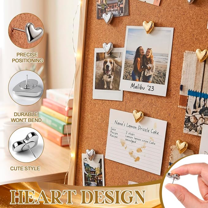 Epakh 30 Pcs Metallic Heart Thumb Tacks Decorative Push Pins Push Pins Metallic