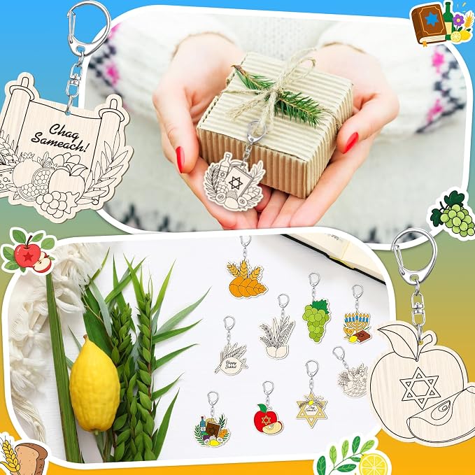 RattanView 24 Pcs Sukkot Crafts Color Your Own Keychains Diy Craft Wooden Blank