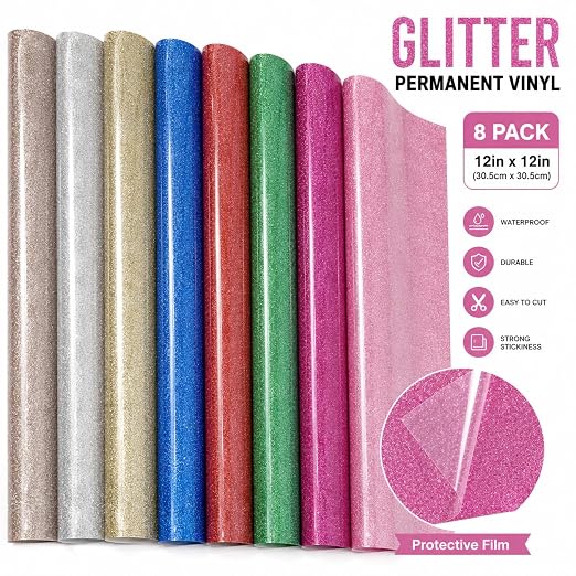Glitter Permanent Vinyl, 8 Pack 12" x 10" Sparkle Glitter Adhesive Vinyl Sheets