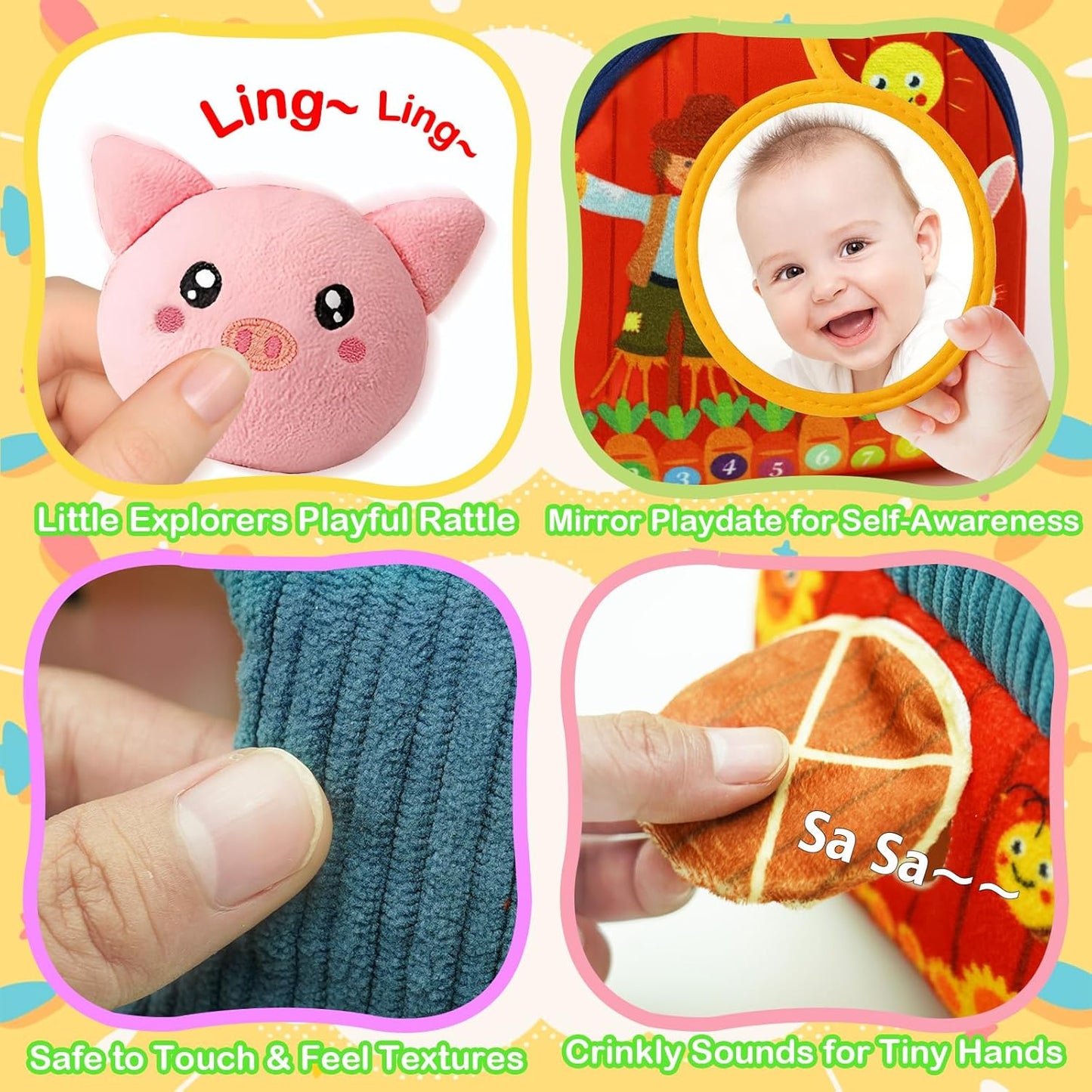 Baby Toys 6-12 Months Plush Barn with Stuffed Farm Animals Crinkle, Rattle & Mirror Montessori Toys Developmental Sensory Toys for 6 Month Old Boys Girls Babies & Toddlers
