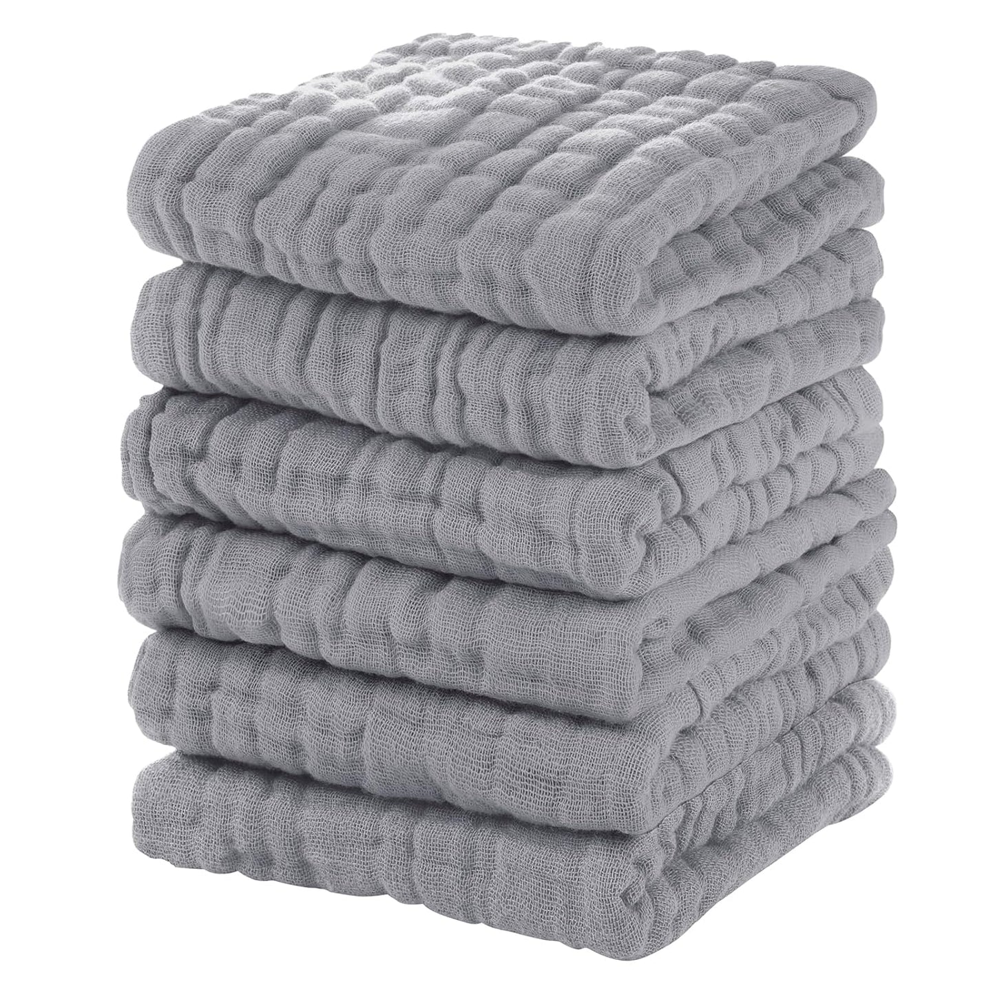 Muslin Baby Washcloths 6 Pack, 100% Cotton Wash Cloths for Babies, Large 12''X12'' Burp Cloths Absorbent and Soft for Newborn Infants Kids Boys Girls - Light Gray