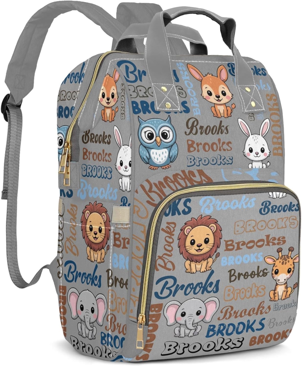 Large Capacity Custom Diaper Bag for Baby Girls with Name, Cute Animals Multifunctional Mom Personalized Diaper Bag Backpack Waterproof Women Customized Daypack Nappy Bag, Gray (Cute Animals)