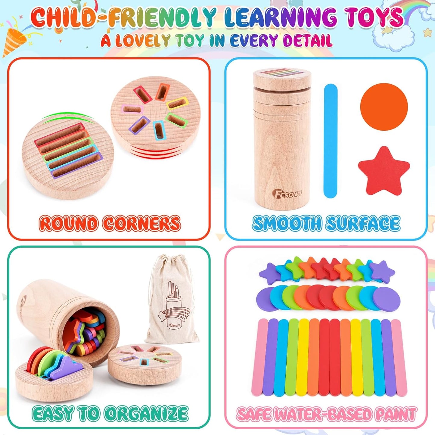 FCSONU Toddlers Montessori Toys for 1 2 3 Year Old Boys Girls, Wooden Learning Color Sorting Toys for Ages 2-4 Kids, Sensory Toys for Toddlers 1-3, Halloween Birthday for Baby 12-18 Month Old