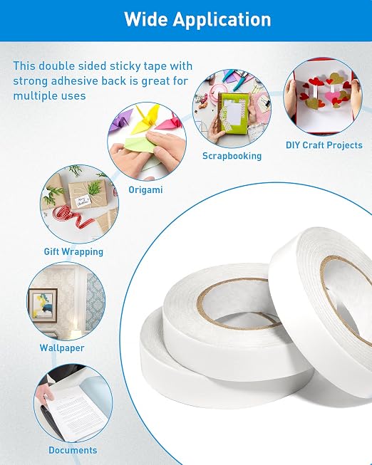 3 Rolls Double Sided Tape for Crafts, Scrapbooking, Photography, Paper Backing