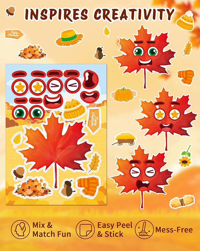 Aowplc 48 Sheets Fall Make a Face Stickers, 12 Designs Fun Fall Crafts