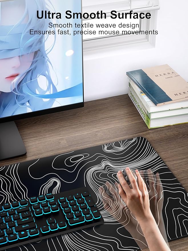 TopMade Mouse Pad with 15W Fast Wireless Charging, 31.5"x15.75" XXL Large Gaming Waterproof Desk Pad with Ultra-Smooth Surface, Non-Slip Base, Computer Desk Mat, Black Topographic Map #2