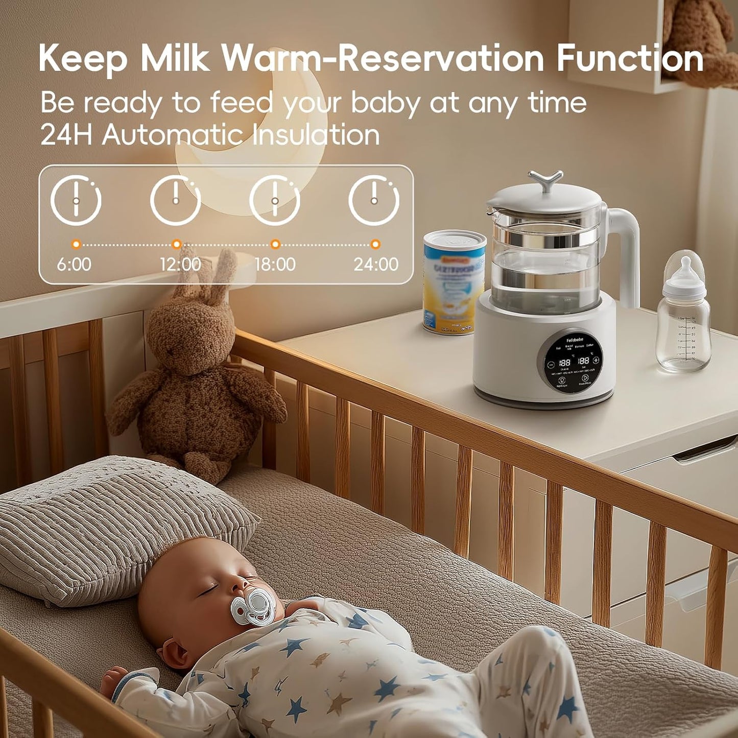 Baby Water Warmer, Baby Bottle Warmer Glass Tea Kettle Boiler, Formula Maker with Night Light, Accurate Temperature Control for Formula, Low Noise Breastmilk Warmer, 24/7 Keep Warm, Coffee,Tea