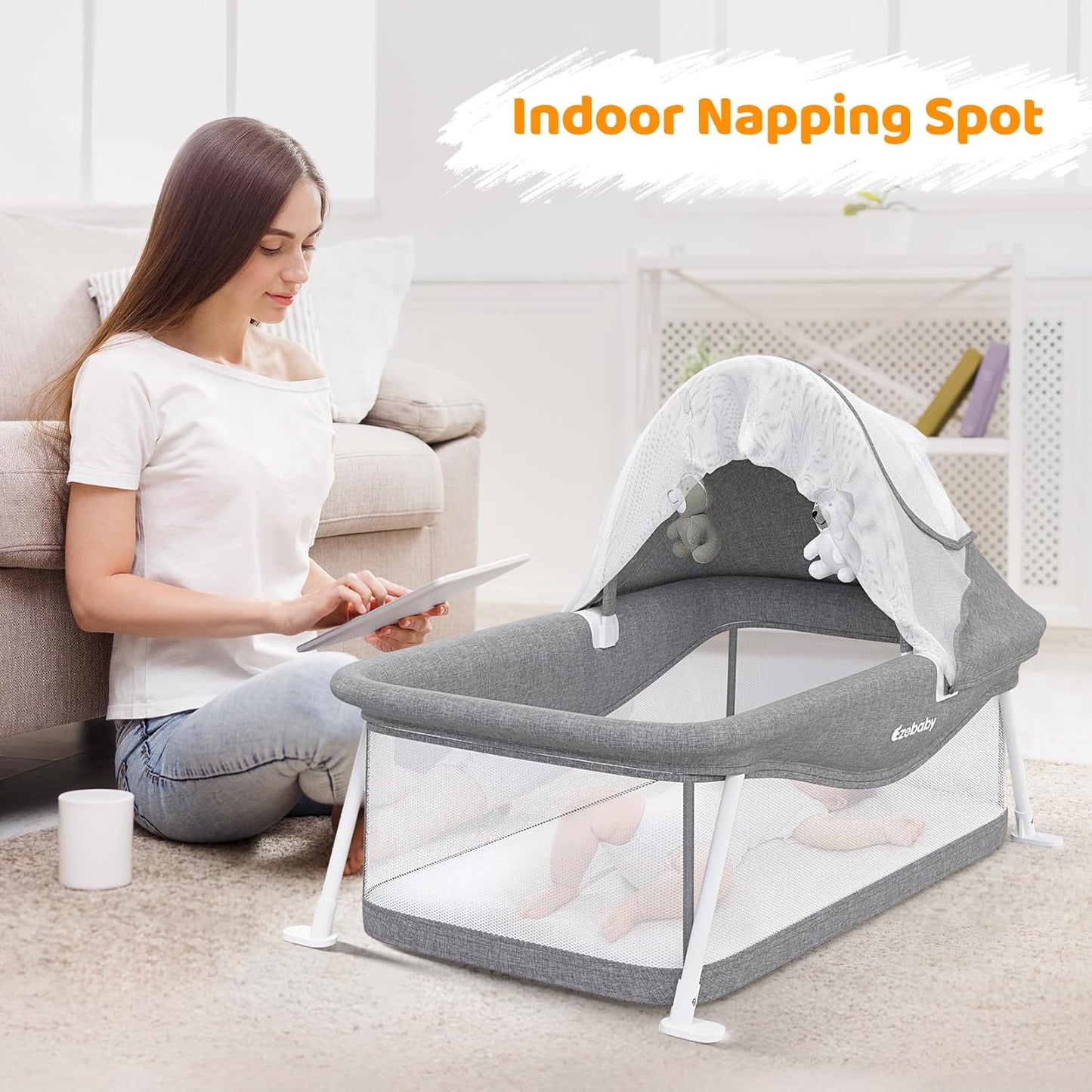 Ezebaby Portable Travel Bassinet for Baby 0-5 Months, Foldable Newborn Bassinet Baby Bed Infant Crib with Padded Mattress, Canopy, Mosquito Net, Carrying Bag