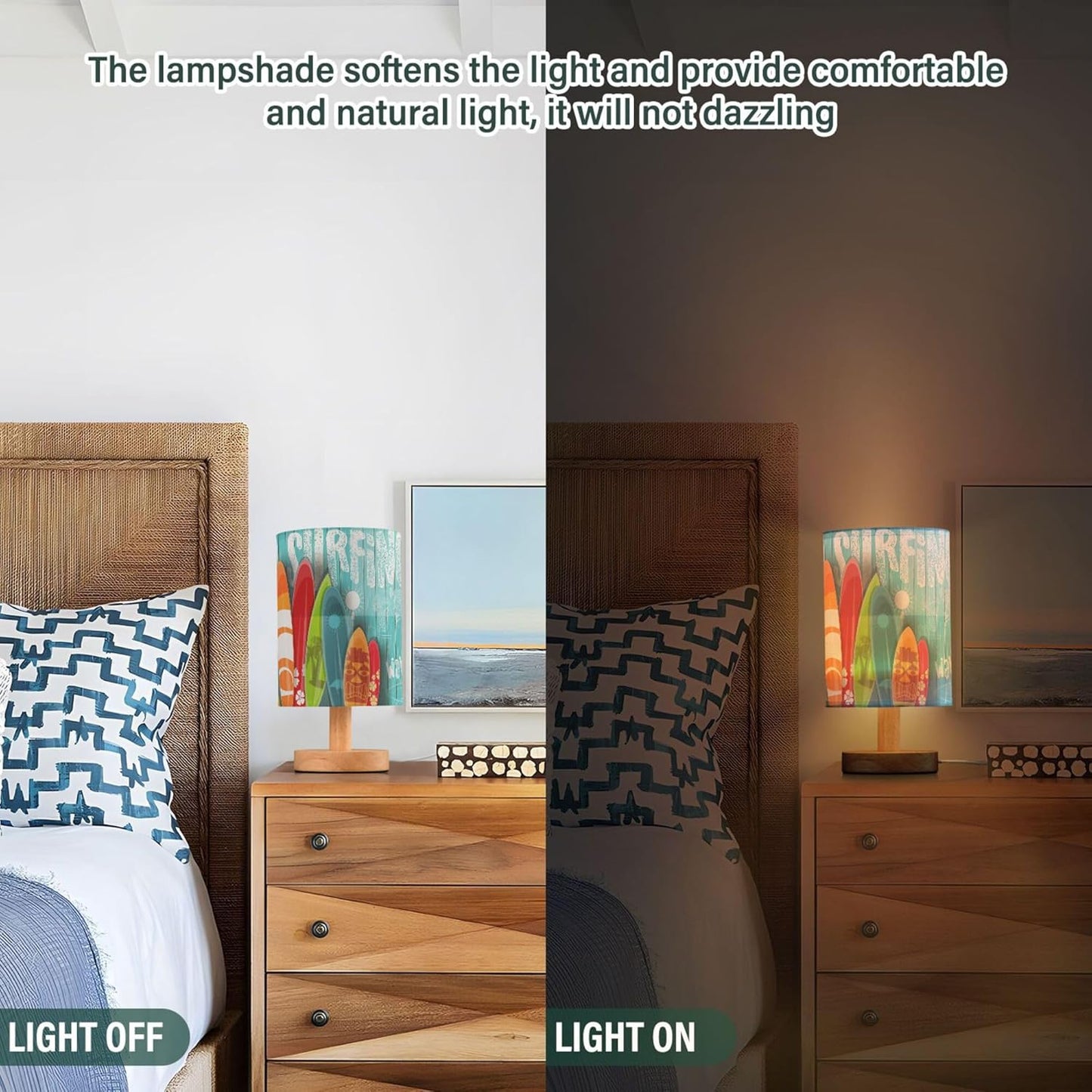Table Lamp Colorful Surfboard Palm Tree Graphic Blue Wooden Summer Ocean Nightstand Lamp with Wood Base Fabric Lamp Shade Bedside Desk Lamp for Living Room Bedroom Kids Room Office
