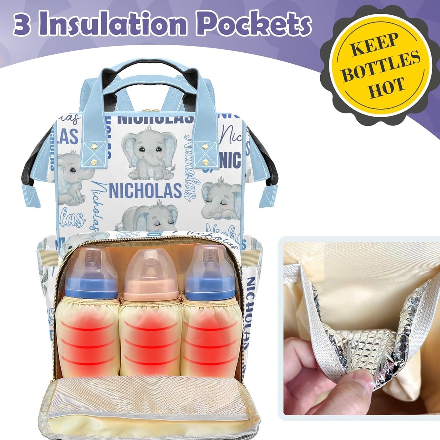 Custom Diaper Bag Mommy Bag with Multi-function Shoulders Outdoor Backpack for Newborn Baby Boy Elephant, Blue Customized Nappy Backpack with Thermal Pockets Nursing Bags