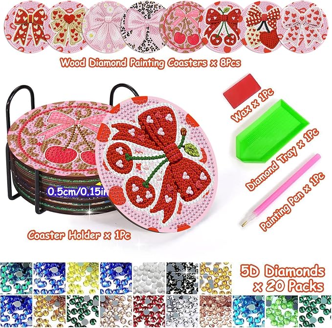 Axquilon 8 Pcs Pink Bow Diamond Art Coasters Kit