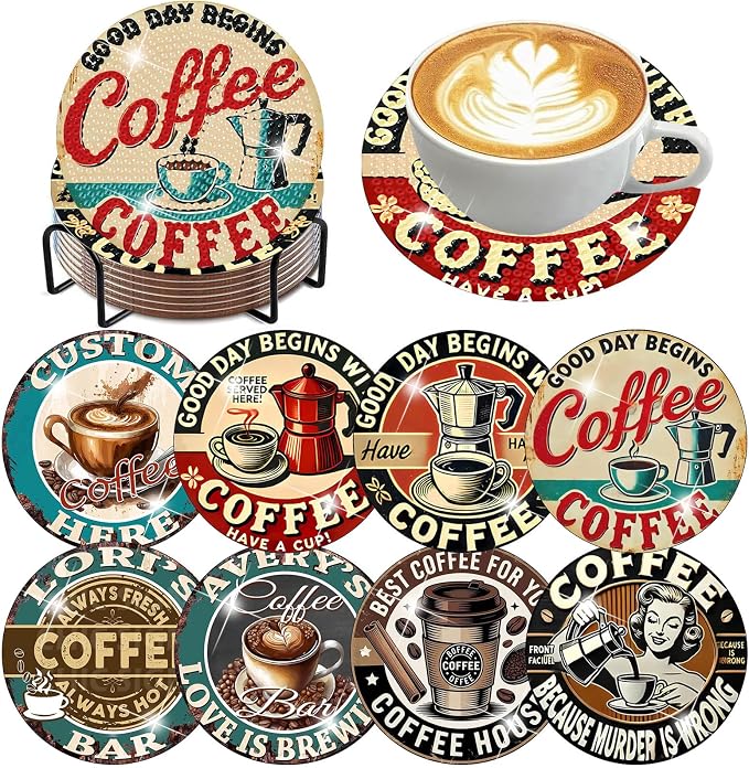 Benjenes 8 PCS Coffee Diamond Art Coasters Kits | Diamond Paintings Coasters