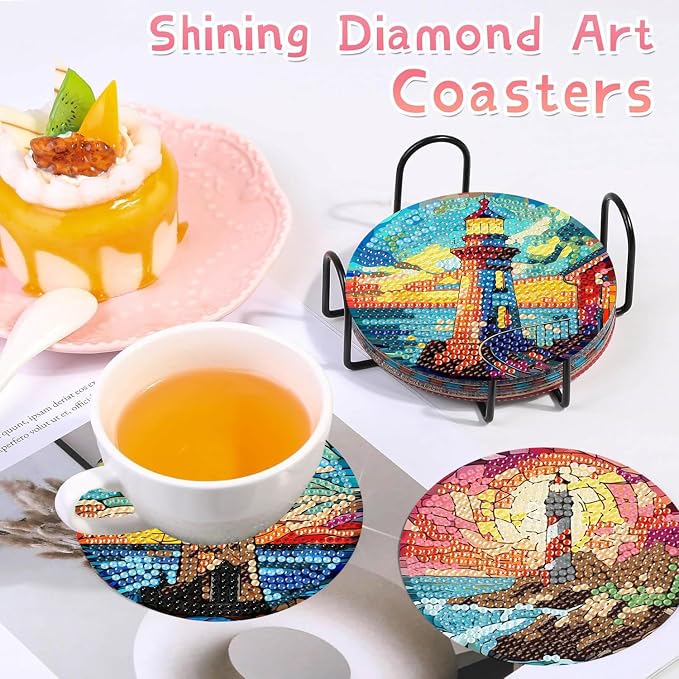8 PCS Diamond Art Coasters Kits Lighthouse Diamond Painting Coaster | Diamond