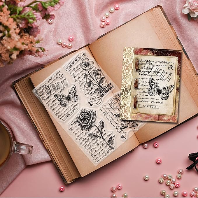 GLOBLELAND Vintage Floral Clear Stamp Art Words Transparent Silicone Stamp