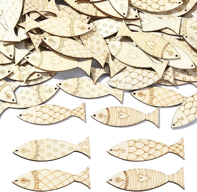 200 Pcs Wooden Fish Charms Old Lace Sea Animal Cutouts Unfinished Wood Summer