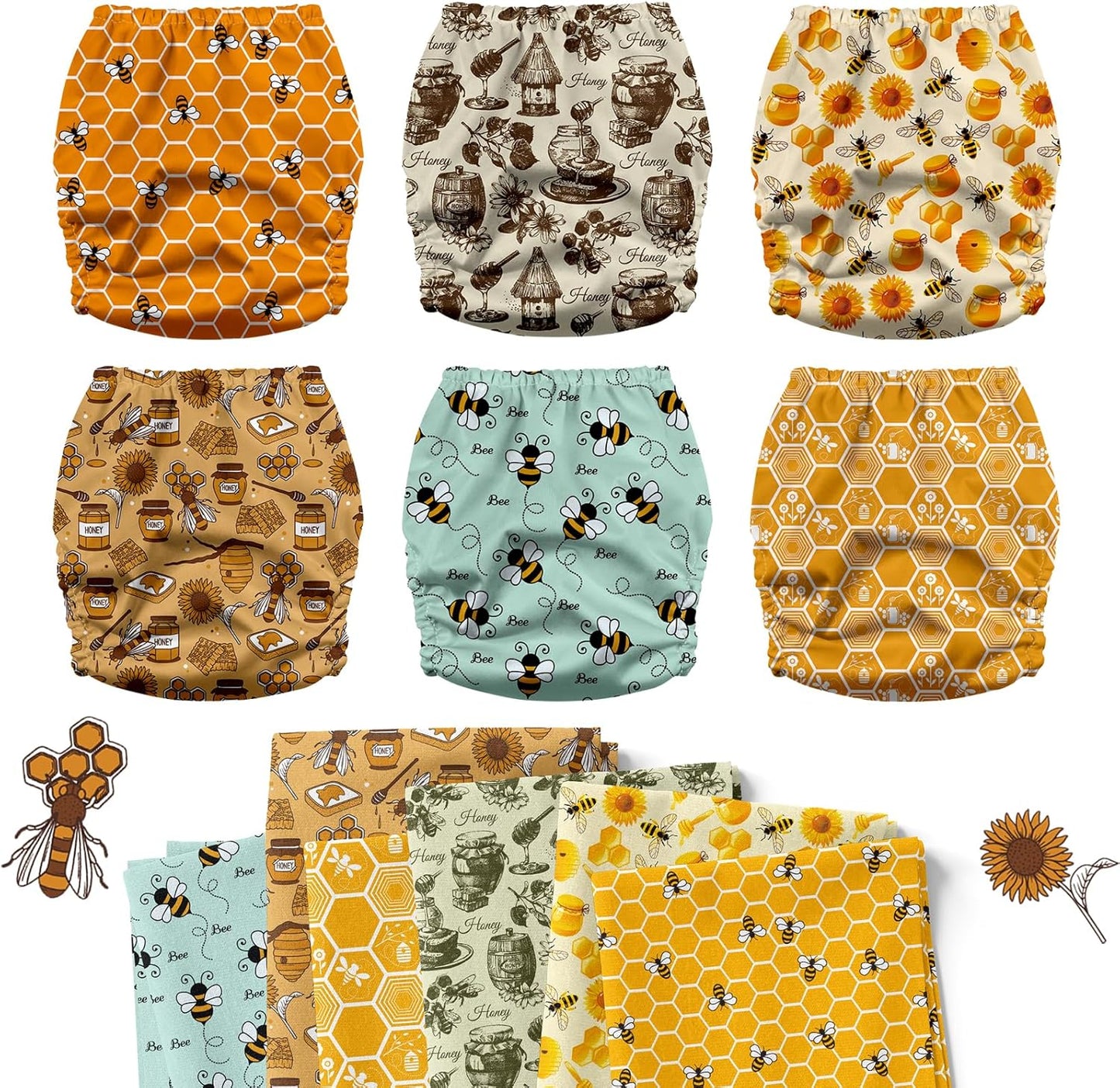 Mama Koala 3.0 Pocket Cloth Diapers for Babies with Suede Lining, 6 Pack with 6 4-Layer Natural Cloth Diaper Inserts - Reusable and Washable Pocket Diapers (S-Hardworking Bees)