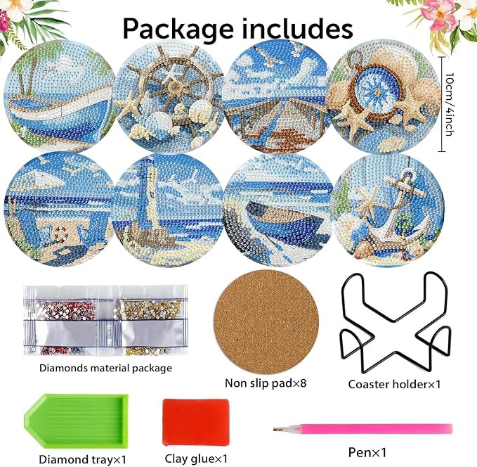 8 Pack Beach Diamond Art Coasters, Seaside Diamond Painting Coasters Kits |