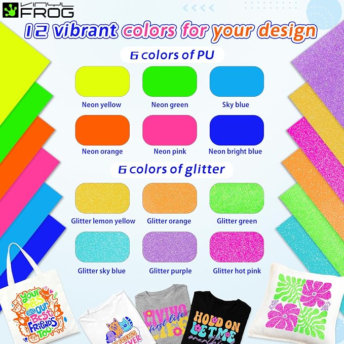 VINYL FROG Neon HTV Vinyl PU Fluorescent and Glitter Heat Transfer Vinyl Bundle