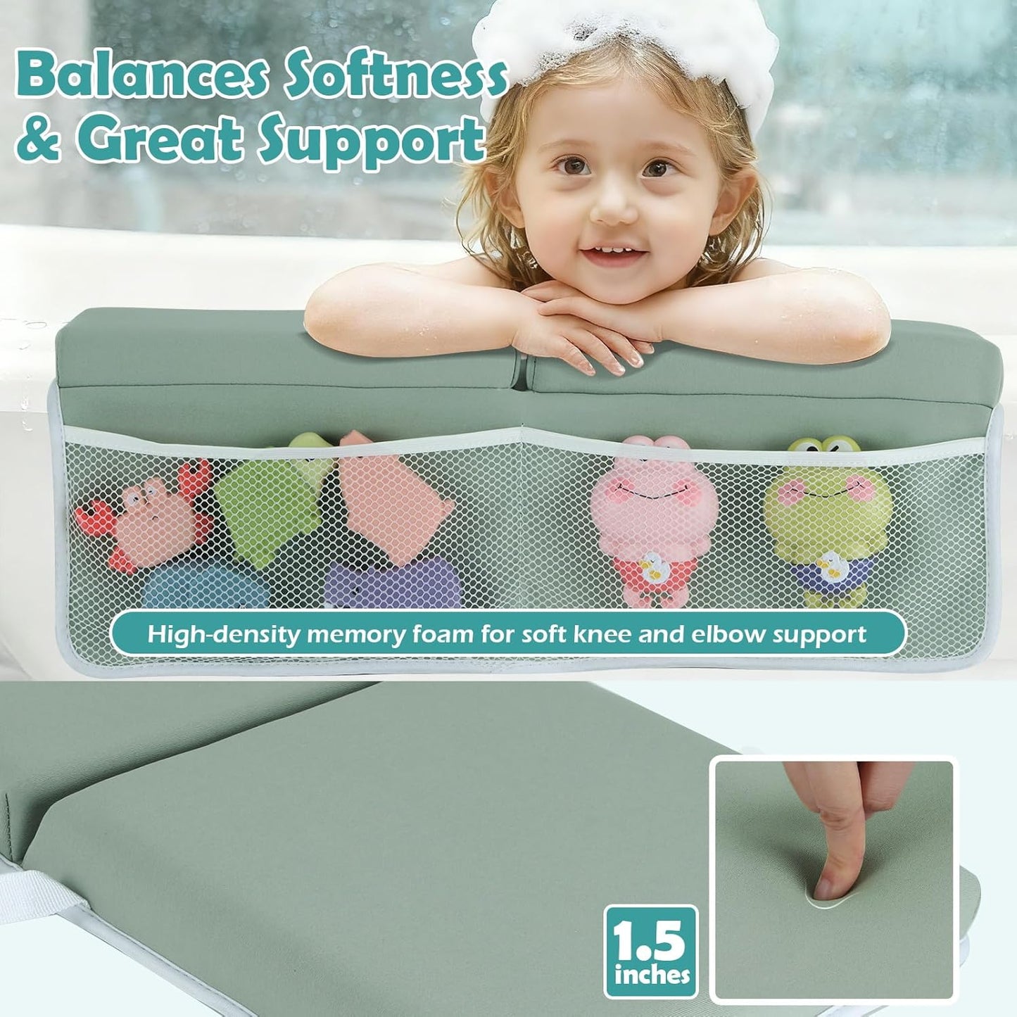 Baby Bath Kneeler and Elbow Rest Pad Set, 1.5 Inch Thick Memory Foam Soft Bath Kneeler with Bath Toys Organizer, Non-Slip, Quick-Dry, Foldable Kneeling Mat, Ideal Gift for Parents