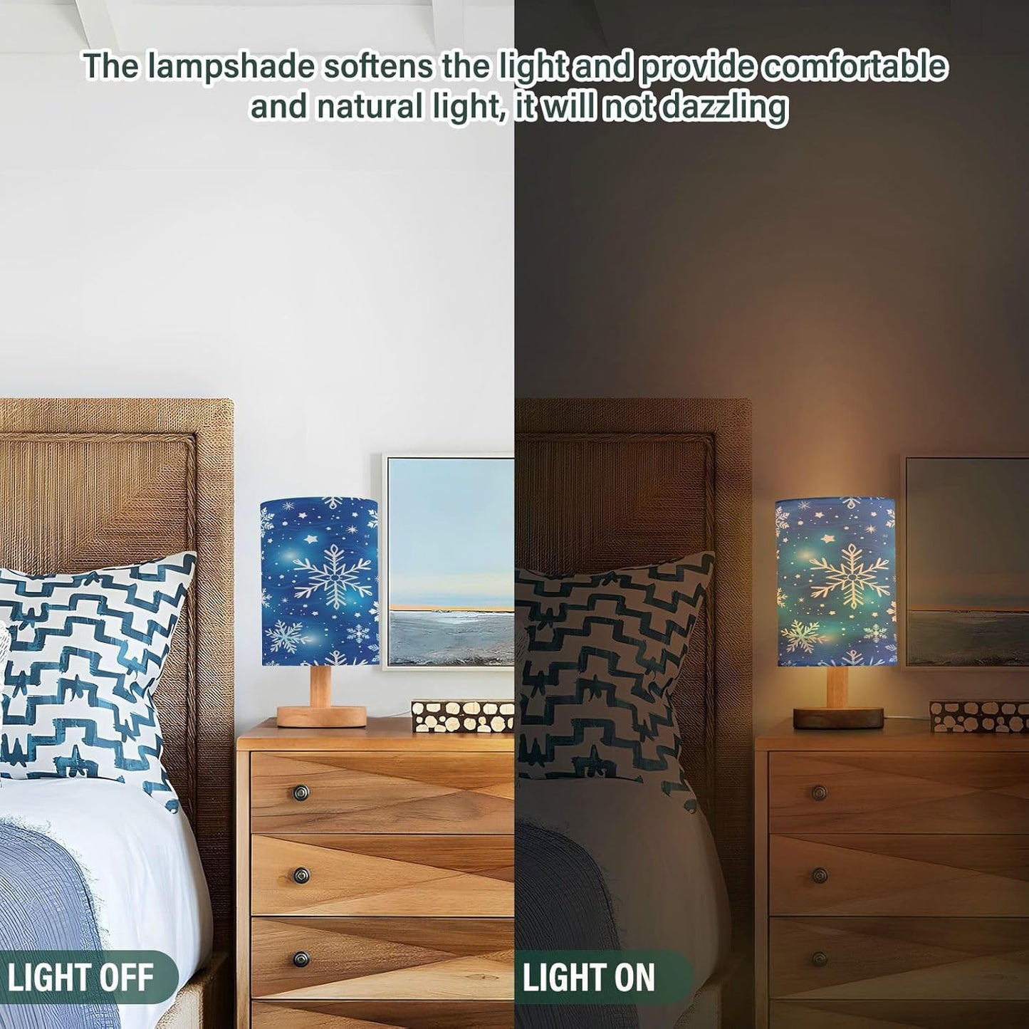 Blue Christmas Snowflakes Stars Table Lamp Bedroom Bedside Night Reading Desk Lamps Cylinder Nightstand Sleeping Light Lamp for Xmas Party Living Room Office Decor