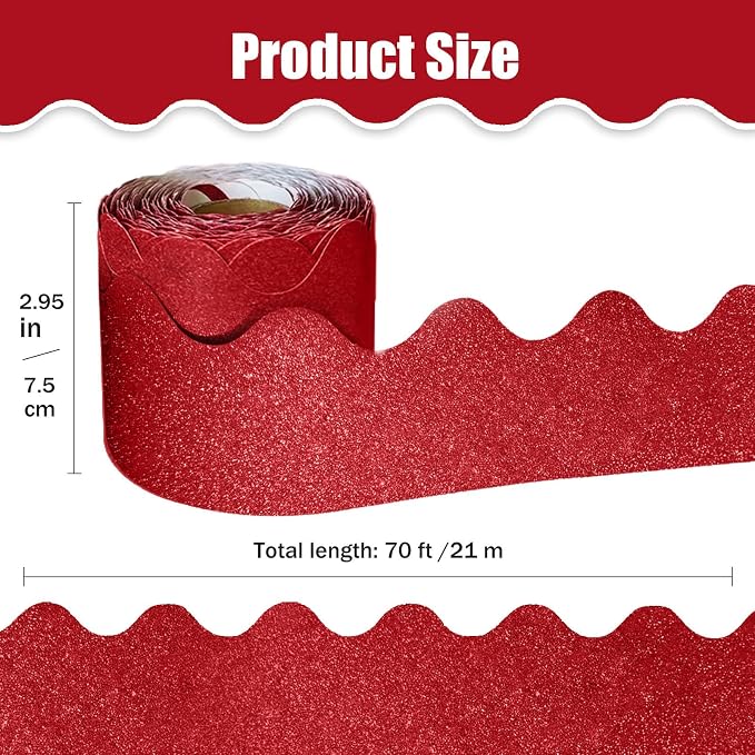 70Ft Shine Red Bulletin Board Border，Scalloped Poster Boards Decorations Trim