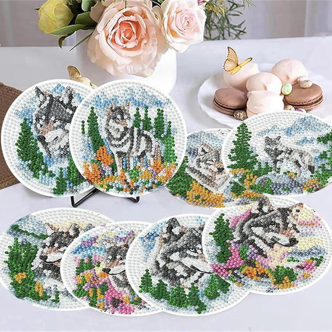 8 Pack Diamond Art Coasters, Wolf Forest animals Diamond Painting Coasters |