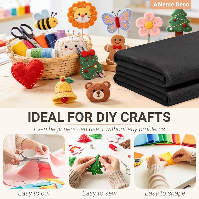 Black Felt Fabric Sheets 18" x 18" 1.6mm Soft Craft Felt Squares | Soft Precut
