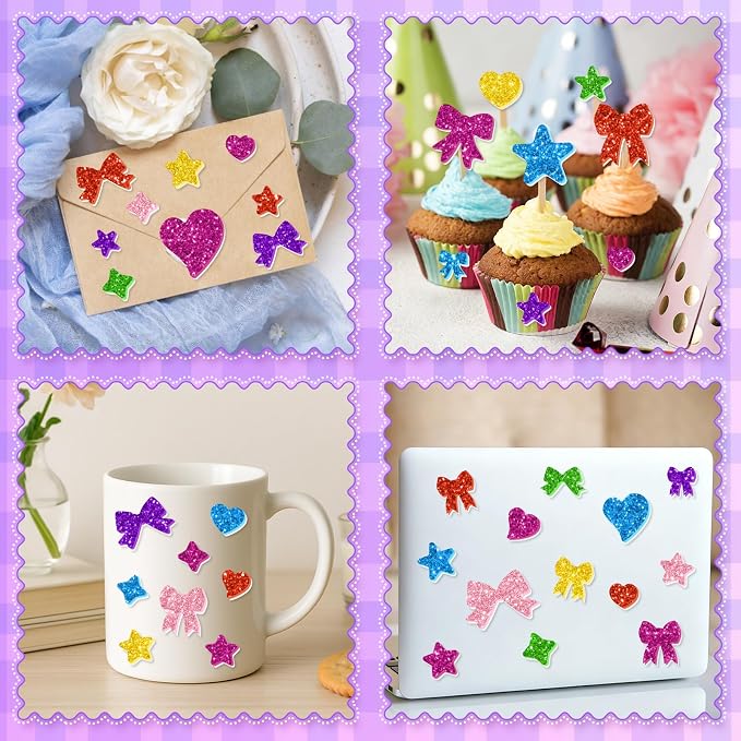 875PCS Glitter Foam Stickers, Colorful Heart & Star & Bow Stickers,