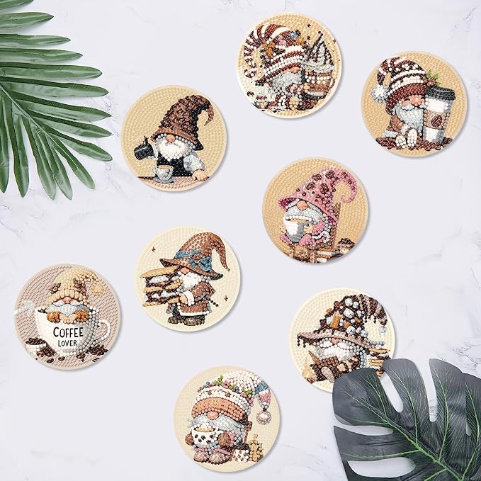 Clendo 8 Pcs Coffee Gnome Diamond Art Coasters Kit