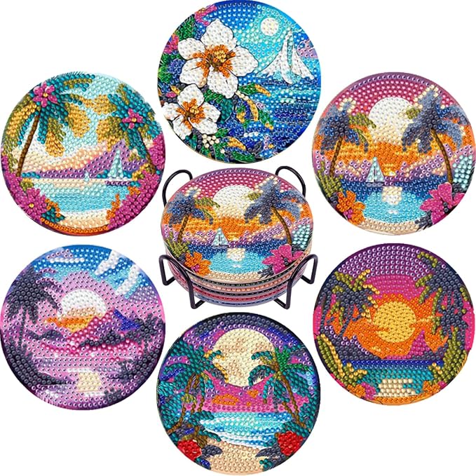 EWJRNSF 6 PCS Ocean Beach Diamond Art Coasters Kit