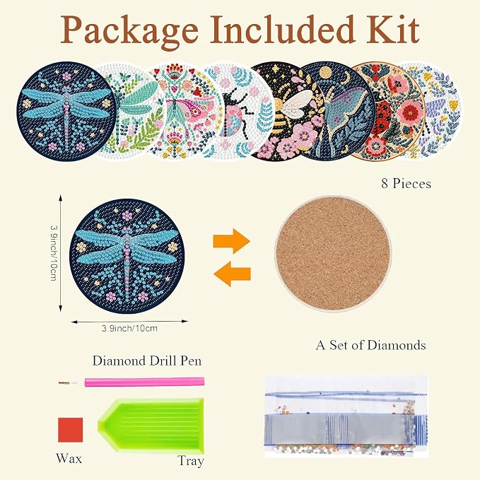 Gemozaic 8PCS Diamond Art Coasters Kit, Insects Diamond Painting Coasters