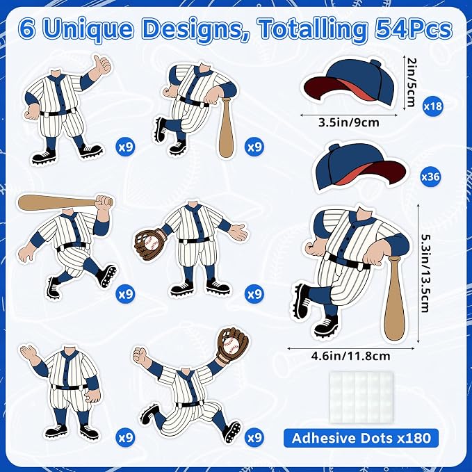 54Pcs Baseball Cutouts Bulletin Boards Decorations, Cartoon Baseball Player DIY