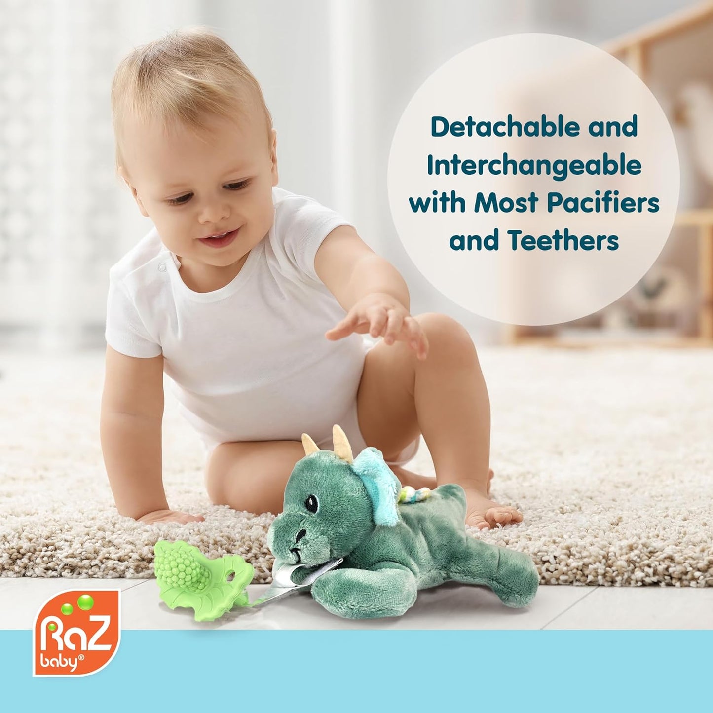 RaZbaby Cow RaZbuddy w/RaZberry Teething Relief Pacifier – Soothes Sore Gums w/Nature-Inspired Texture, 100% BPA-Free Silicone Teether, Detachable Stuffed Animal – 3 Months+ Teether, Grey