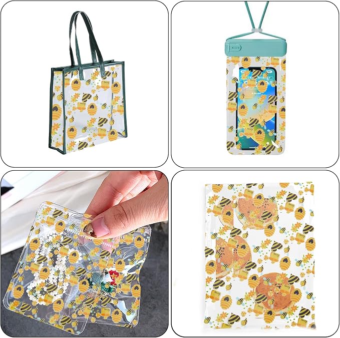Bee Printed TPU Jelly Faux Leather Fabric, 11.8 x 47.2 Inch Clear TPU Vinyl