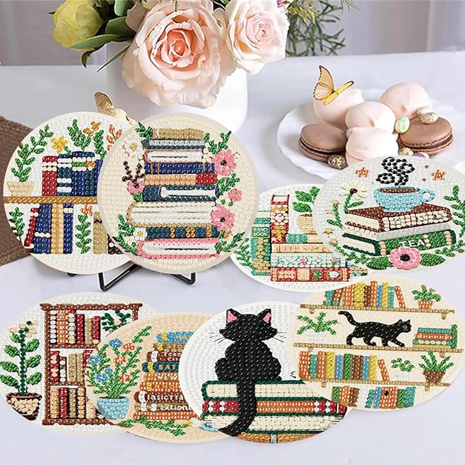 8 Pack Bookshelf Diamond Art Coasters, Diamond Painting Coasters Kits | Books