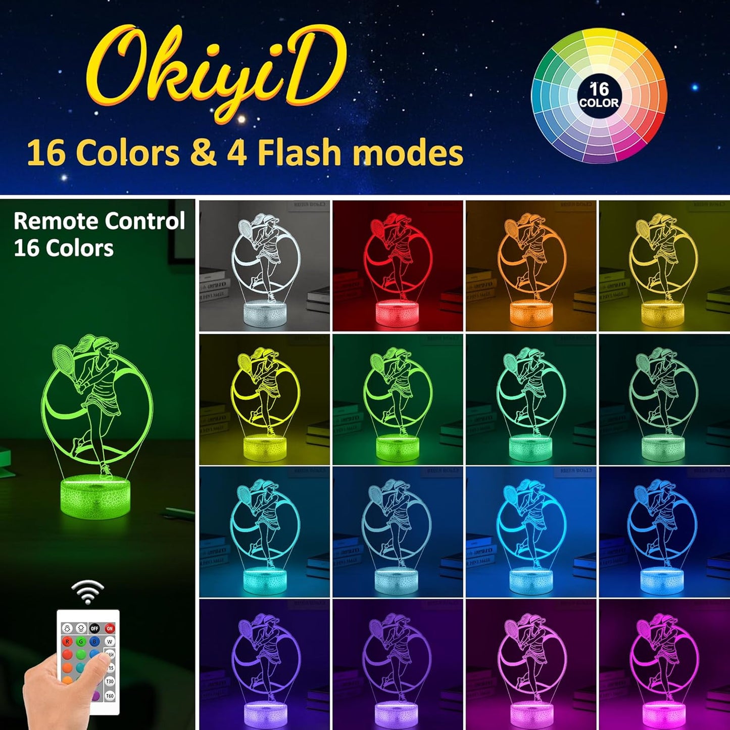 Tennis Gifts for Women & Girls, Light Up Tennis Night Light 3D Illusion Lamp with 16 Colors Remote Control,Tennis Accessories Decor for Women Friends Sports Fans Xmas Gifts