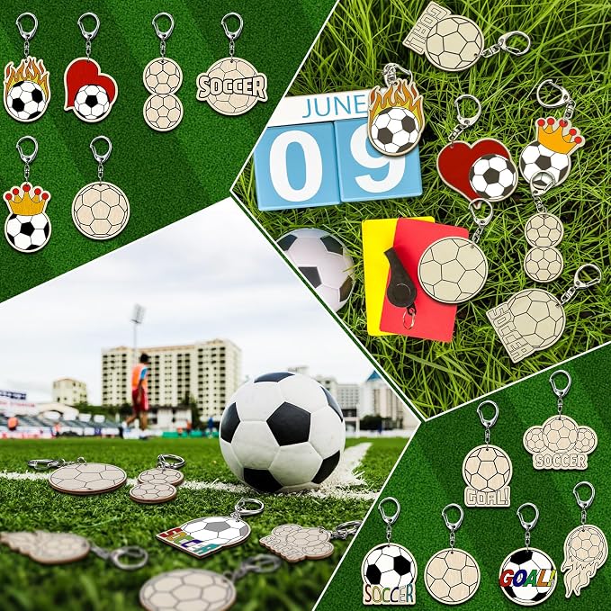 RattanView 24 Pcs Soccer Craft Color Your Own Keychains Diy Craft Wooden Blank
